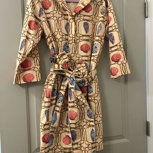 Holly Shaw Patterned Beige Dress with coral and Blue shell print. Sz XS-M